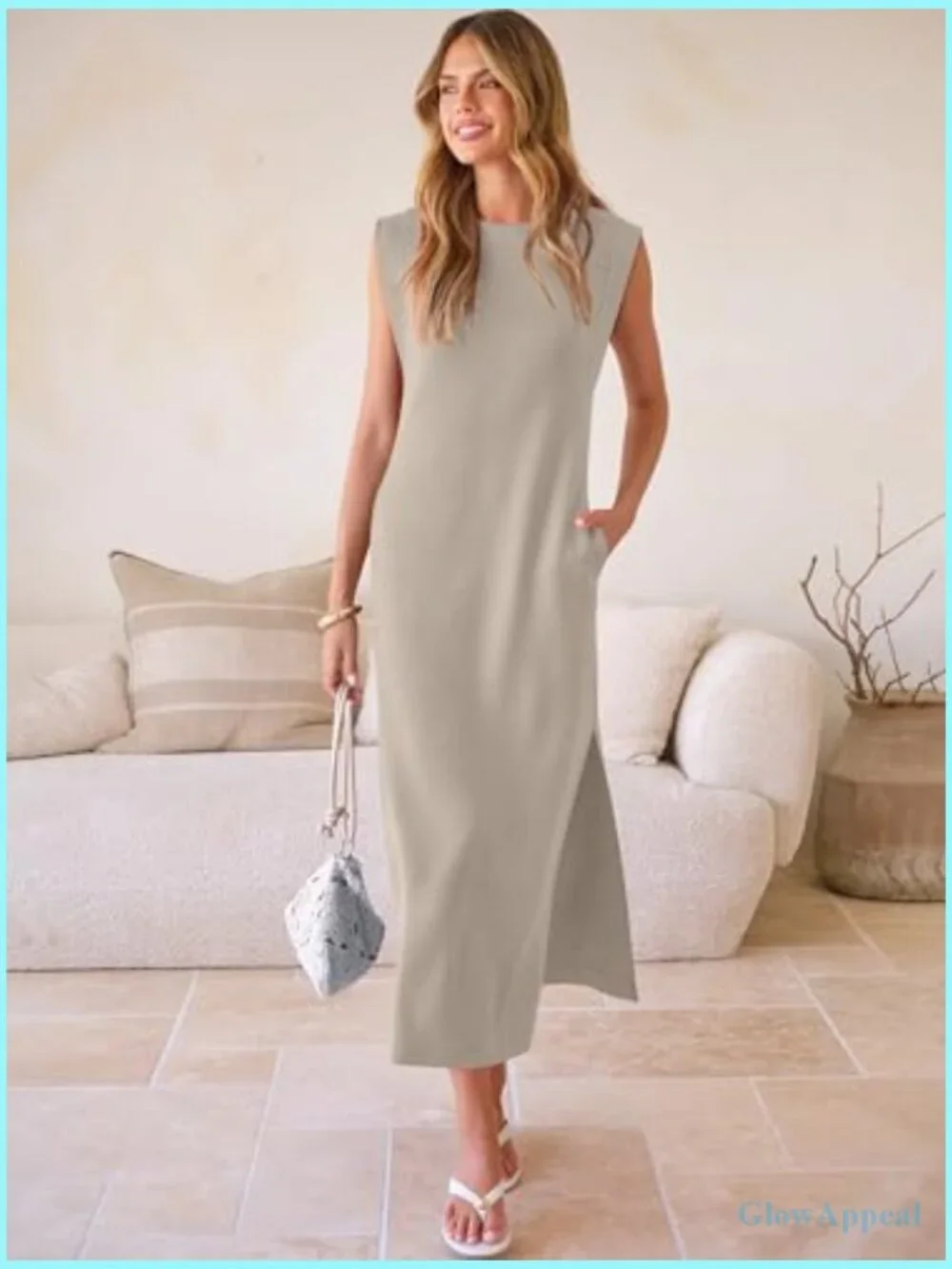 Casual Sleeveless Maxi Dress with Side Slit, Crewneck, Regular Fit, Travel & - Picture 2 of 7